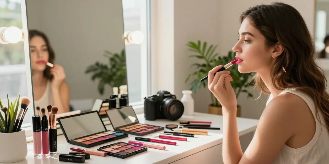Using a lip blending brush for a flawless lip application in a bright beauty studio.