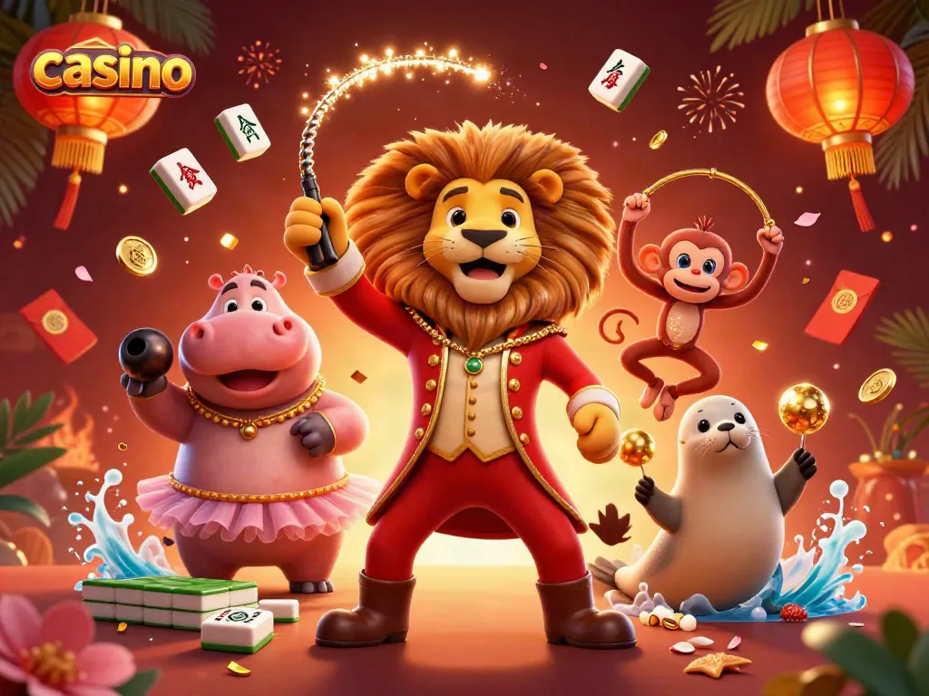 Engaging casino scene featuring a lion ringmaster, hippo, monkey, and seal amidst festive elements.