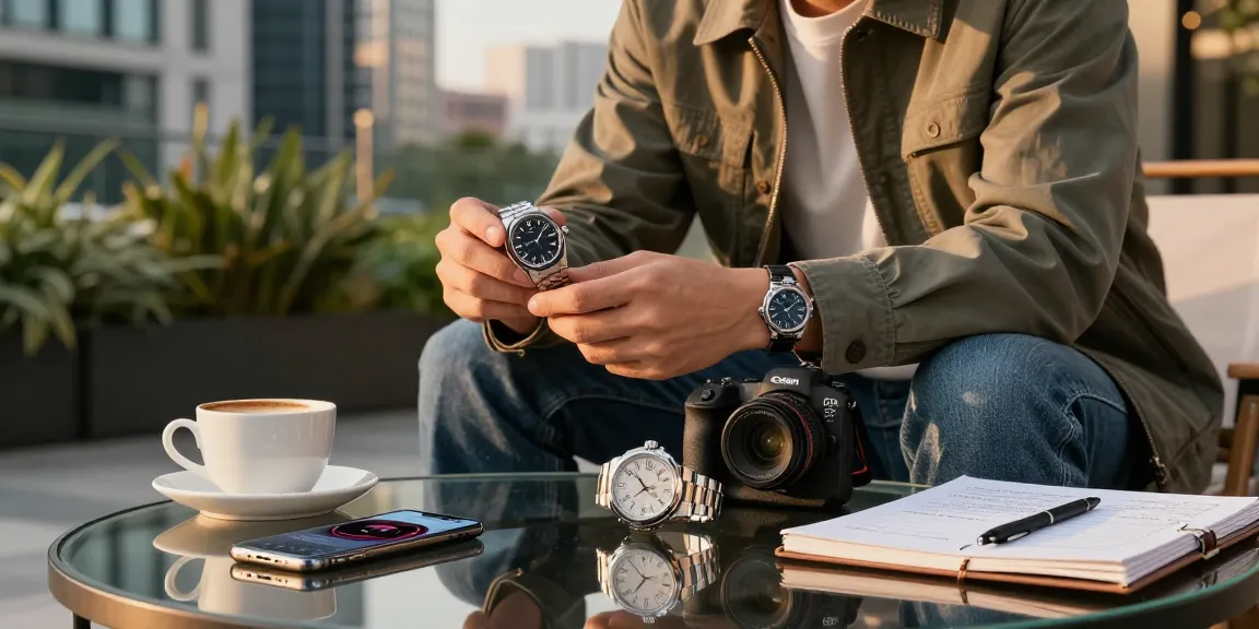 Showcase of premium replica watches held by a stylish enthusiast in an urban setting.