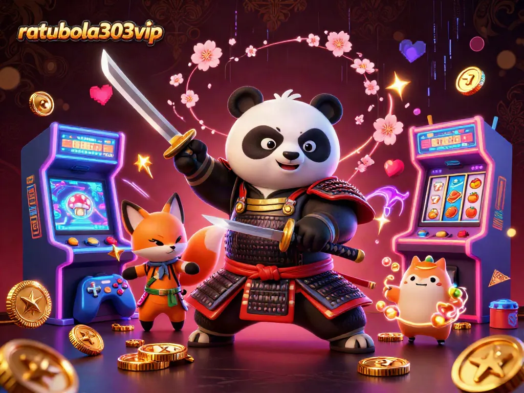 Mengakses kemenangan dengan ratubola303vip, ilustrasi kartun 3D penuh warna dengan karakter kasino.