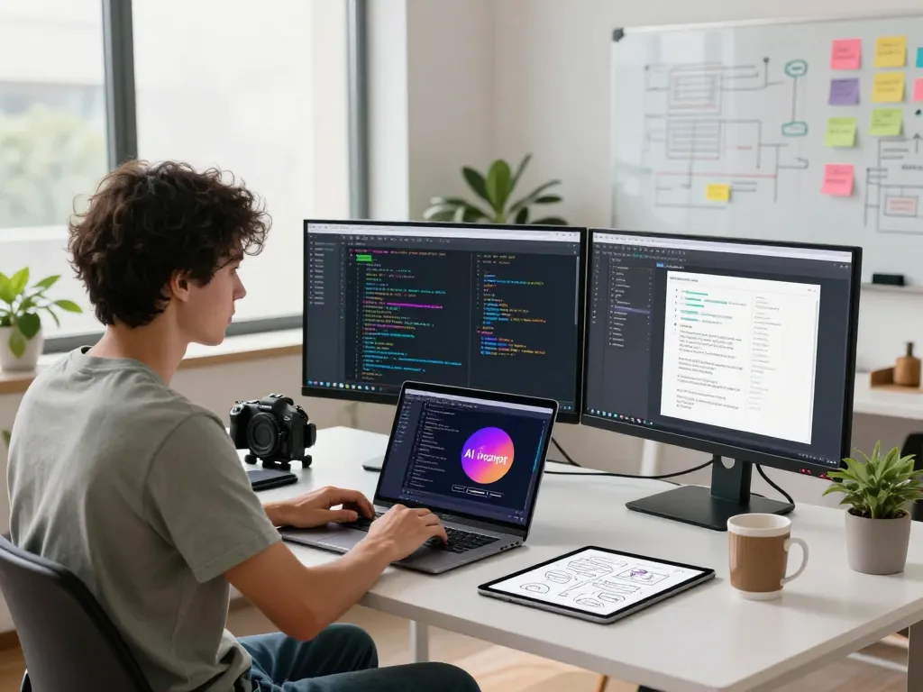 Developer using image to prompt ai software in a bright office workspace with coding screens and modern decor.