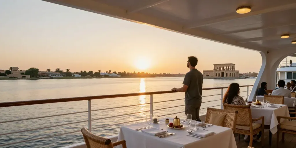 Traveler enjoying a Lake Nasser cruise with scenic views of ancient temples and tranquil waters during sunset.