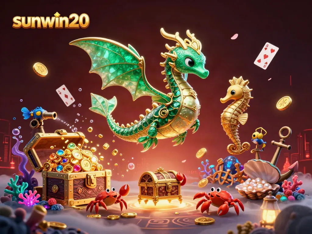Experience the adventure in sunwin20's underwater treasure mania with vibrant dragons and crabs.
