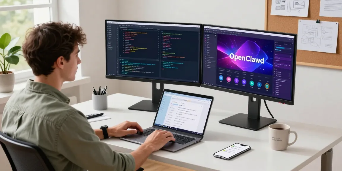 Developer working with openclawd on dual monitors in a modern workspace