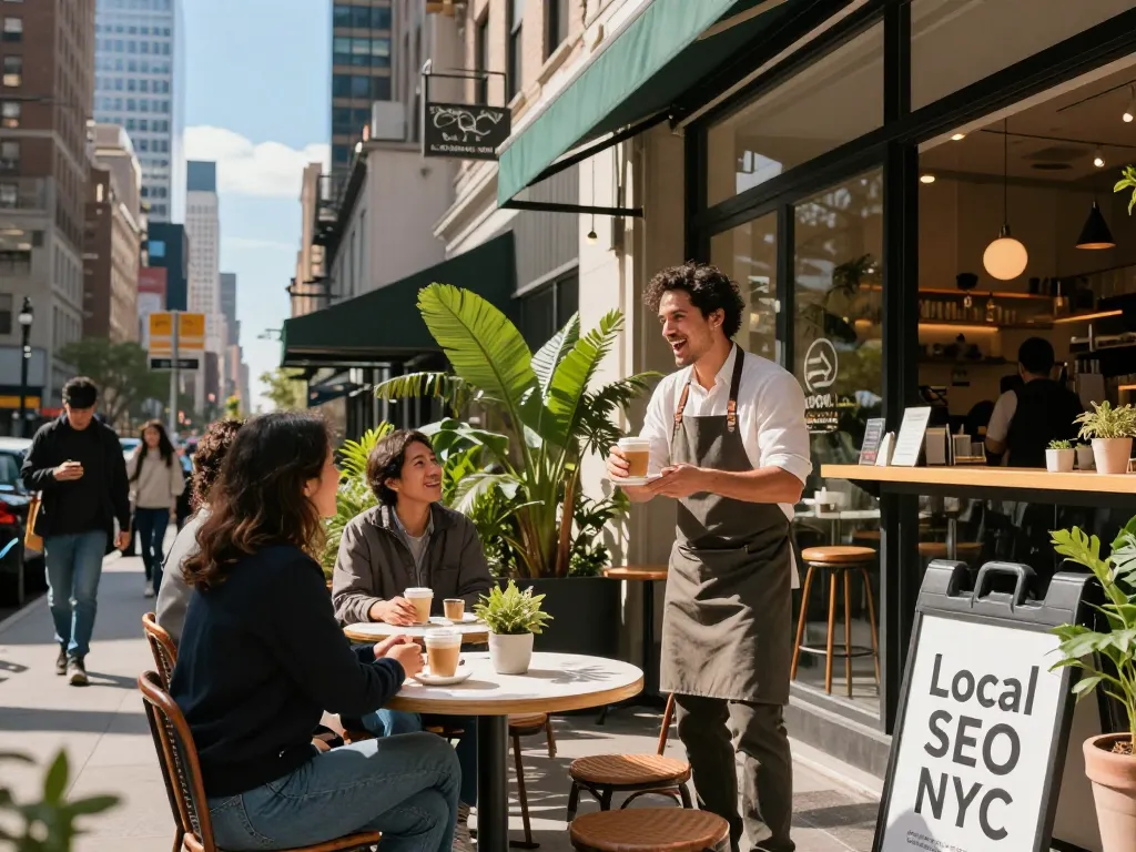 Local SEO NYC scene with a business owner engaging customers at a café in New York City, showcasing vibrant outdoor seating.