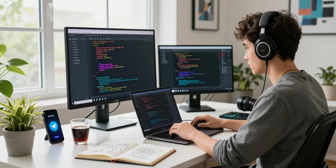 Dynamic workspace of a developer interacting with telegramin-cn.com on a screen, highlighting productivity and technology.