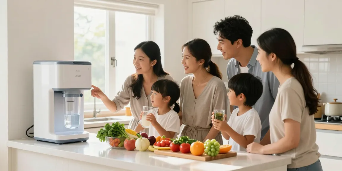 Family discussing the Waterdrop Plus ADQ73613401 NSF 401&53&42 Certified Refrigerator Water Filter and Air Filter in a modern kitchen.
