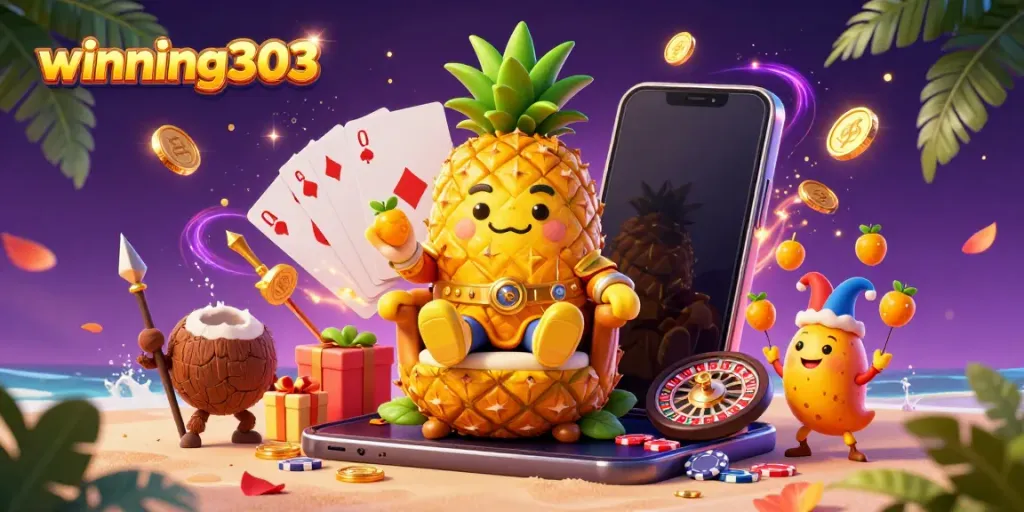 Join the lively gaming fun with winning303 featuring a golden pineapple king at a vibrant beach casino.