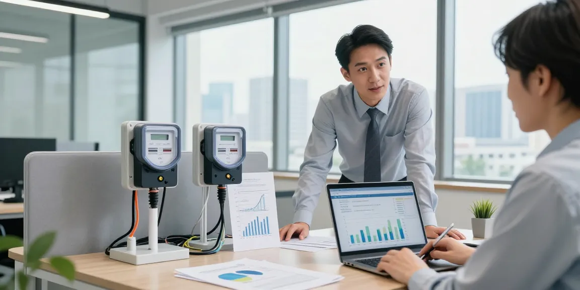 Business energy consultant explaining half hourly meter benefits to a small business owner in a modern office setting.