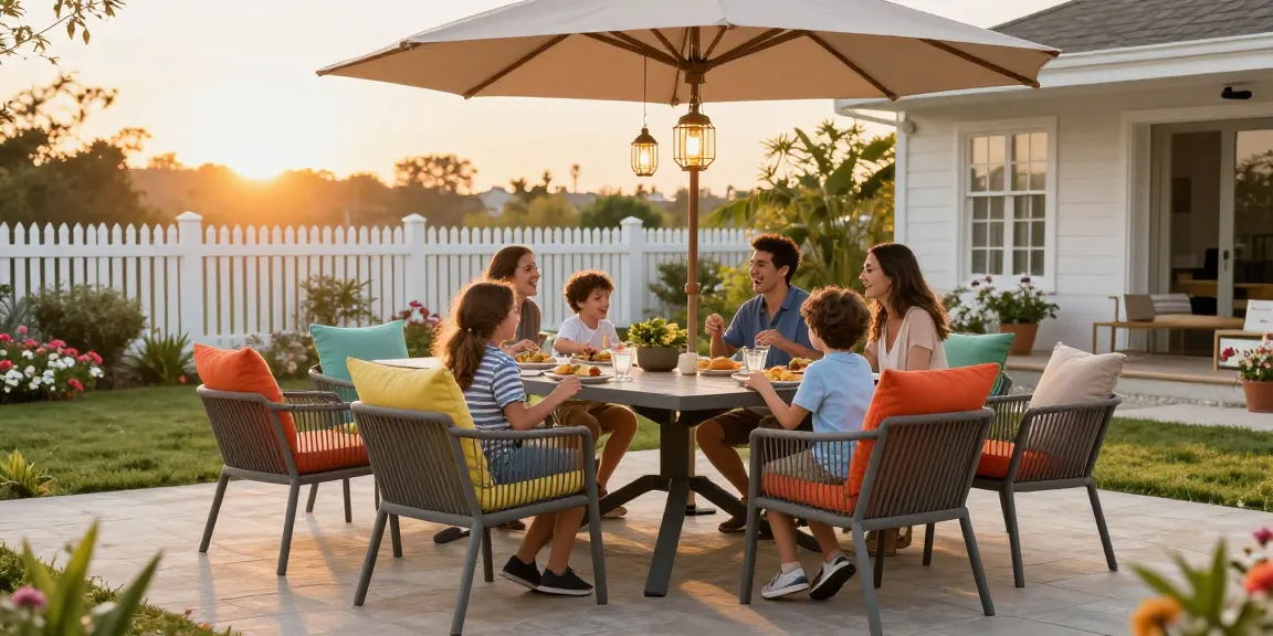 Family dining on stylish patio furniture sets, umbrella for shade, vibrant garden backdrop.