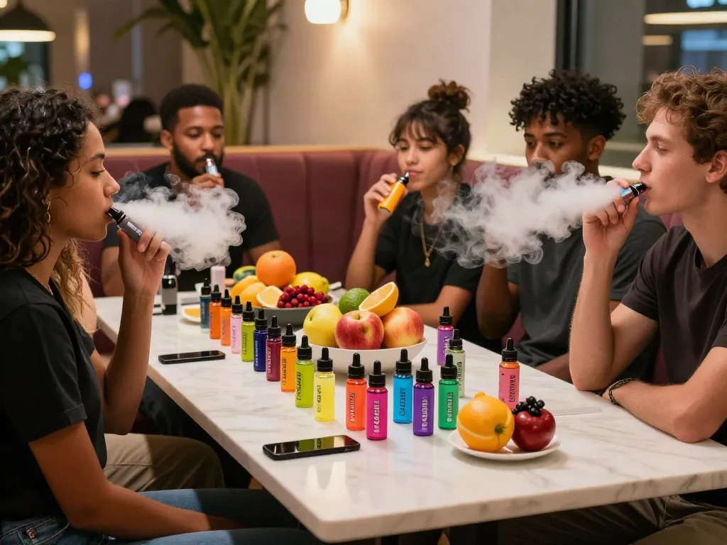 People enjoying an alternativ e-liquid bundle with vibrant fruit flavors in a cozy vape lounge.