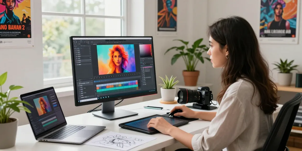 Artist editing vibrant images with nano banana 2 AI in a creative workspace