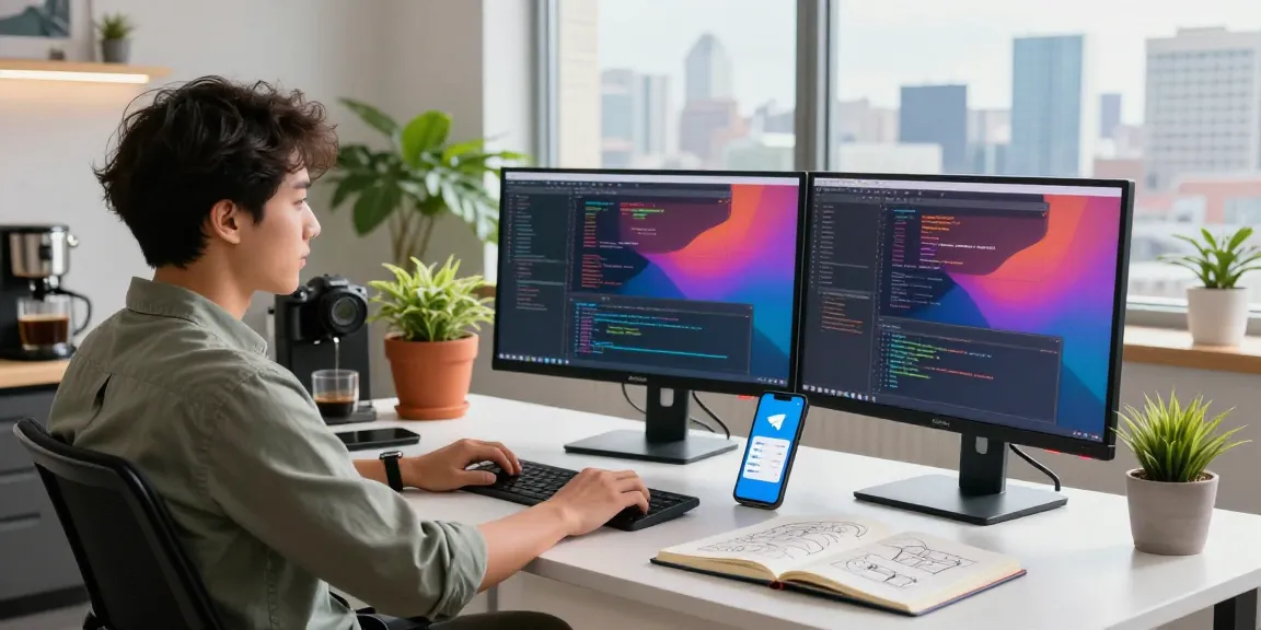 Developer coding at telegraimin.com workspace with monitors and city view.