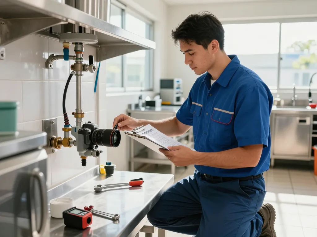 Commercial backflow prevention inspection by a licensed plumber ensuring water safety in a professional kitchen setting.