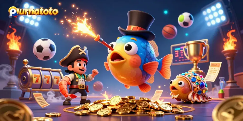 Permainan menarik dari purnatoto dengan ilustrasi ikan pemancing 3D dan karakter menarik lainnya.