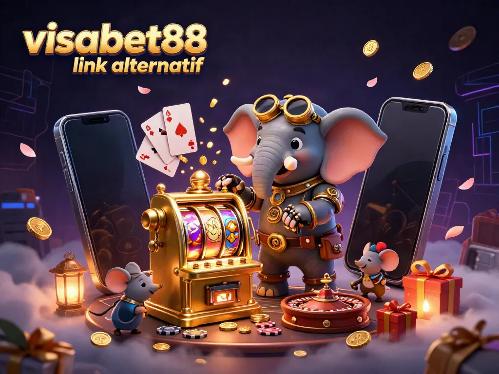 Spin and win with visabet88 link alternatif in this vibrant 3D illustration of a steampunk elephant engineer operating a golden slot machine.