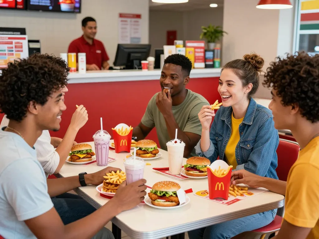 Delicious fast food menu items shared among friends in a lively restaurant atmosphere.