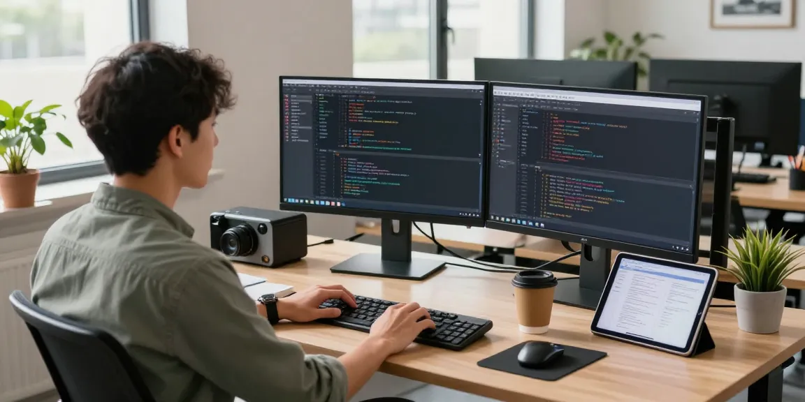 Developer coding 纸飞机中文版 on dual monitors in a modern office.
