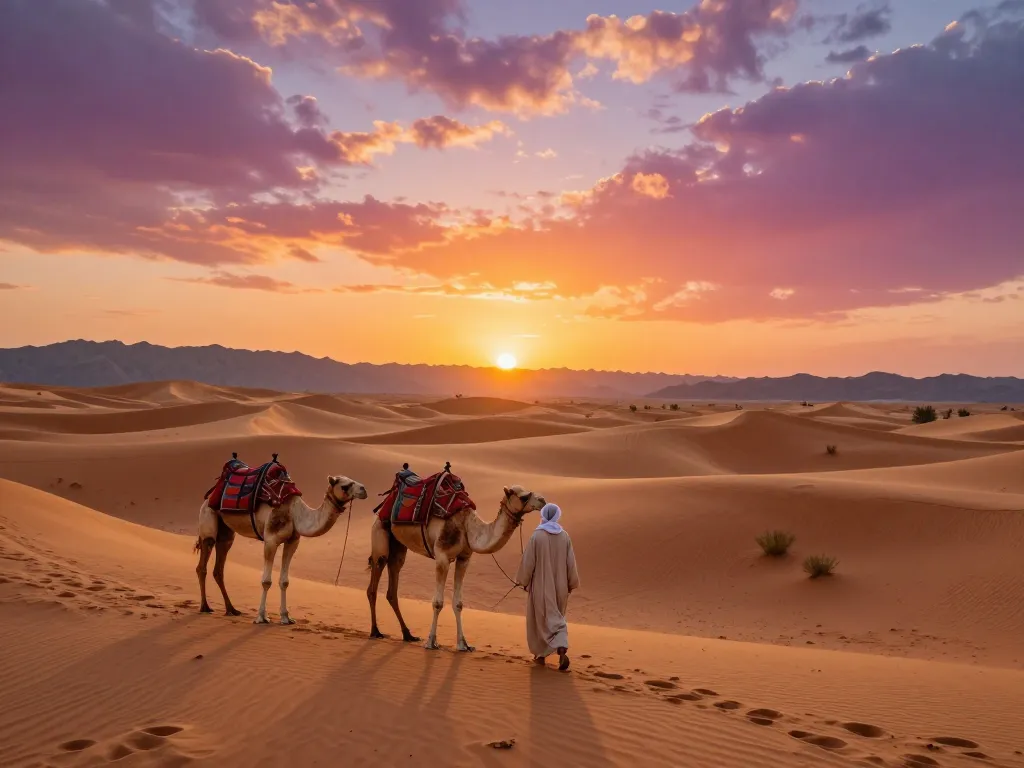 Experience the beauty of Morocco with a leading Morocco travel agency during a sunset camel trek in the desert.