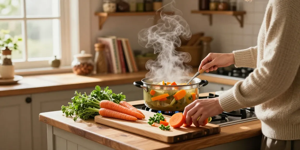 Leckere vegetarische Suppe, die in einer warmen Küche zubereitet wird, mit lebhaften Zutaten und einer gemütlichen Atmosphäre.