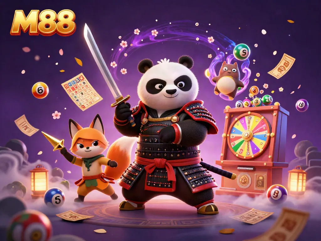 Engage in thrilling lottery action with M88, featuring samurai panda and ninja fox amidst vibrant gaming elements.