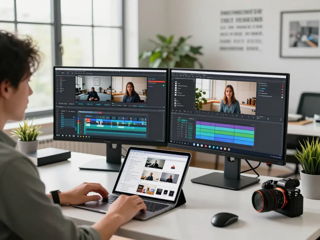 Video to prompt ai workspace where a professional analyzes video content with AI tools, enhancing creativity.