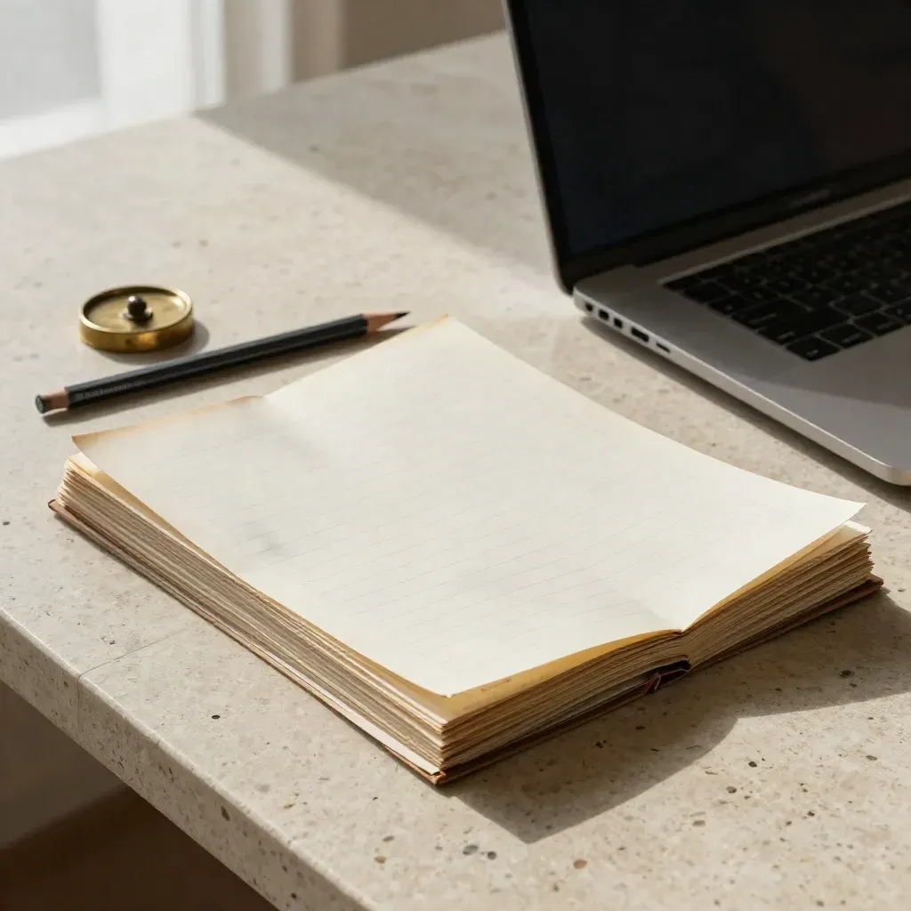 Editing workspace with layered manuscript pages, brass weight and angled laptop on stone.