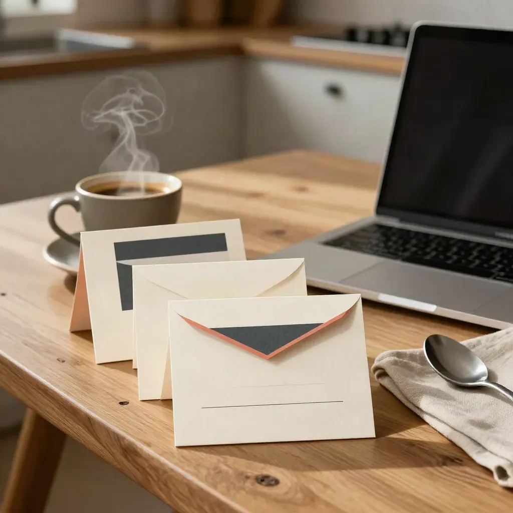 Late-night email draft cards, espresso steam, and a shut laptop on a warm kitchen table.