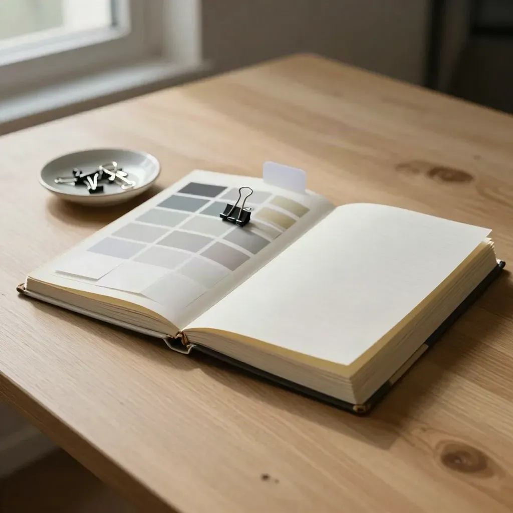 Open voice binder with swatch cards and clips on a pale oak table in soft morning light