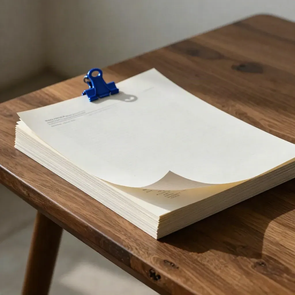 Blue clip on a proof stack with lifted launch notes on a walnut studio table at dawn.