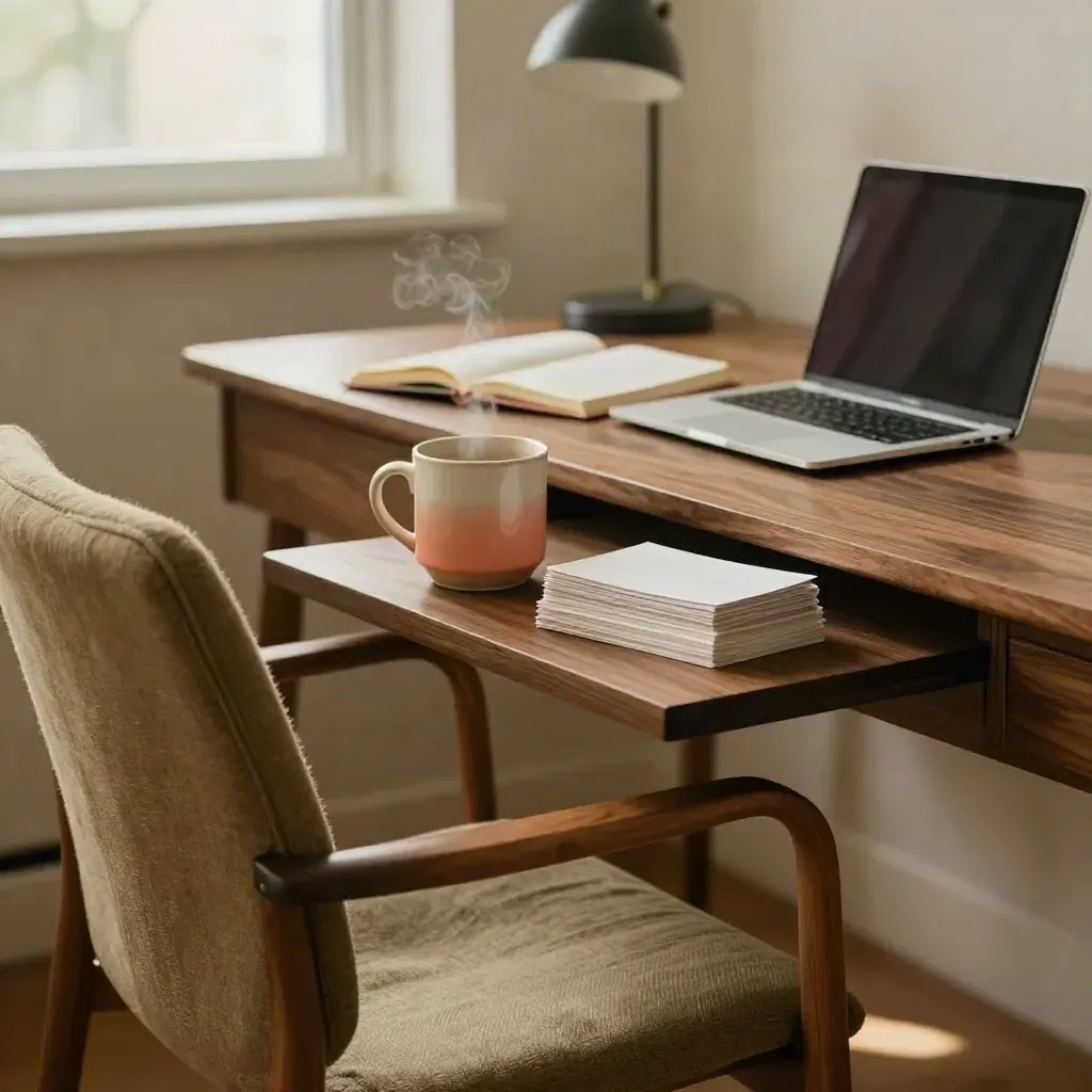 Cozy copy studio chair with steaming mug, draft cards, open notebook and laptop