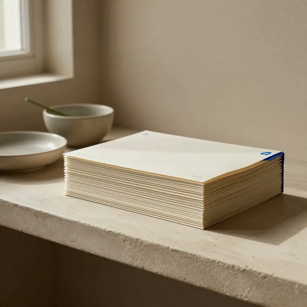 Proof packet with ceramic dishes and sage stem on a plaster shelf.