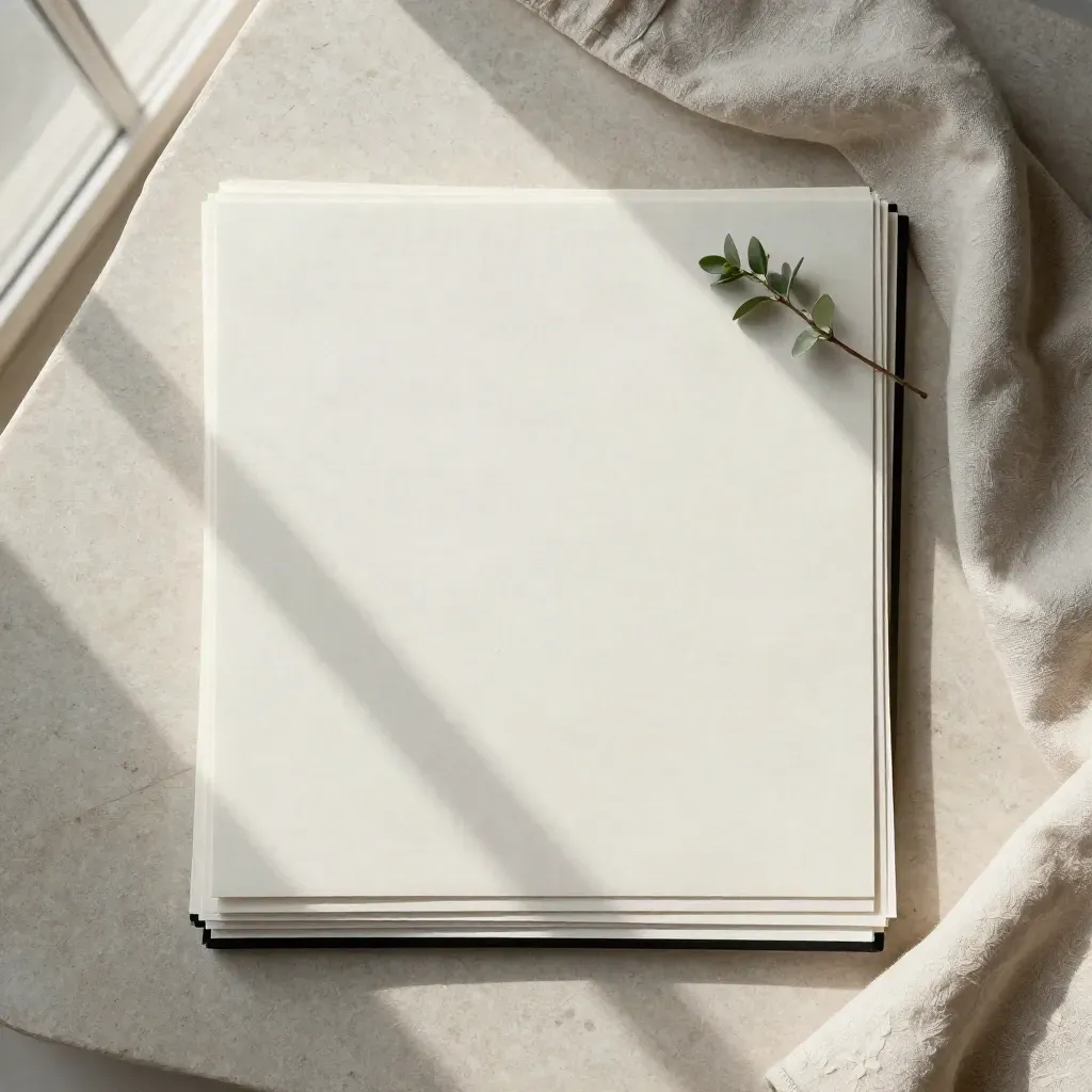 Overhead flatlay of layout board, paper blocks, sprig and linen on pale stone, homepage concept.