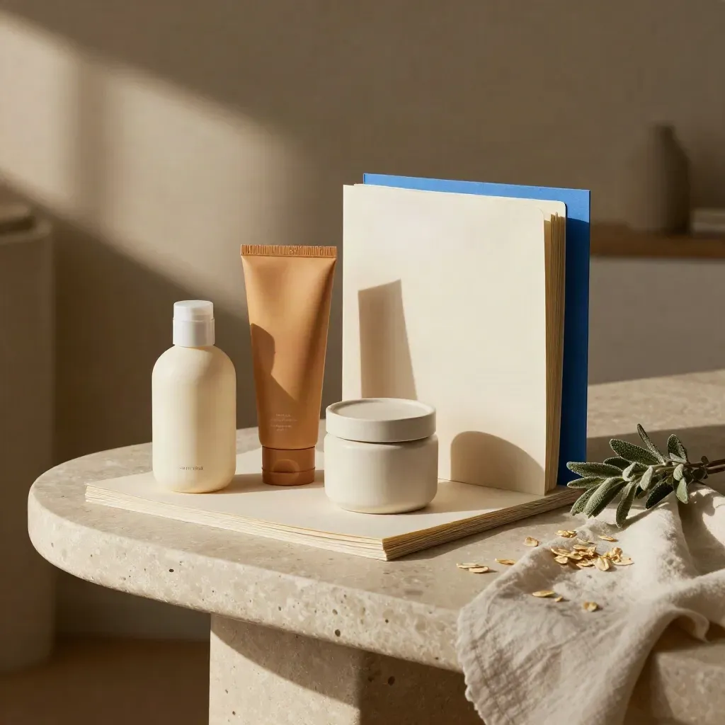 Copywriting desk with product samples, draft pages, cloth, and a small plant in warm light.