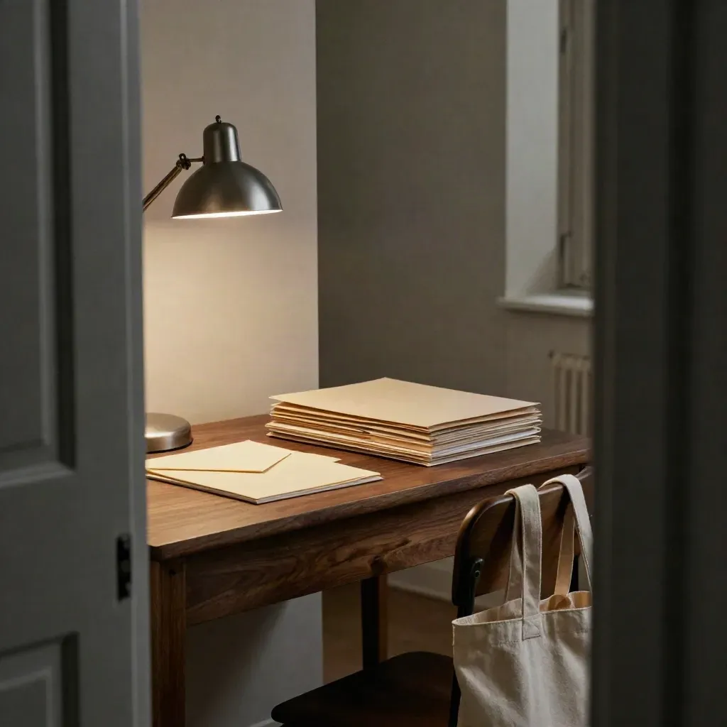 Side-angle copy studio desk with sealed envelopes, draft folders and a pale tote bag at dusk.