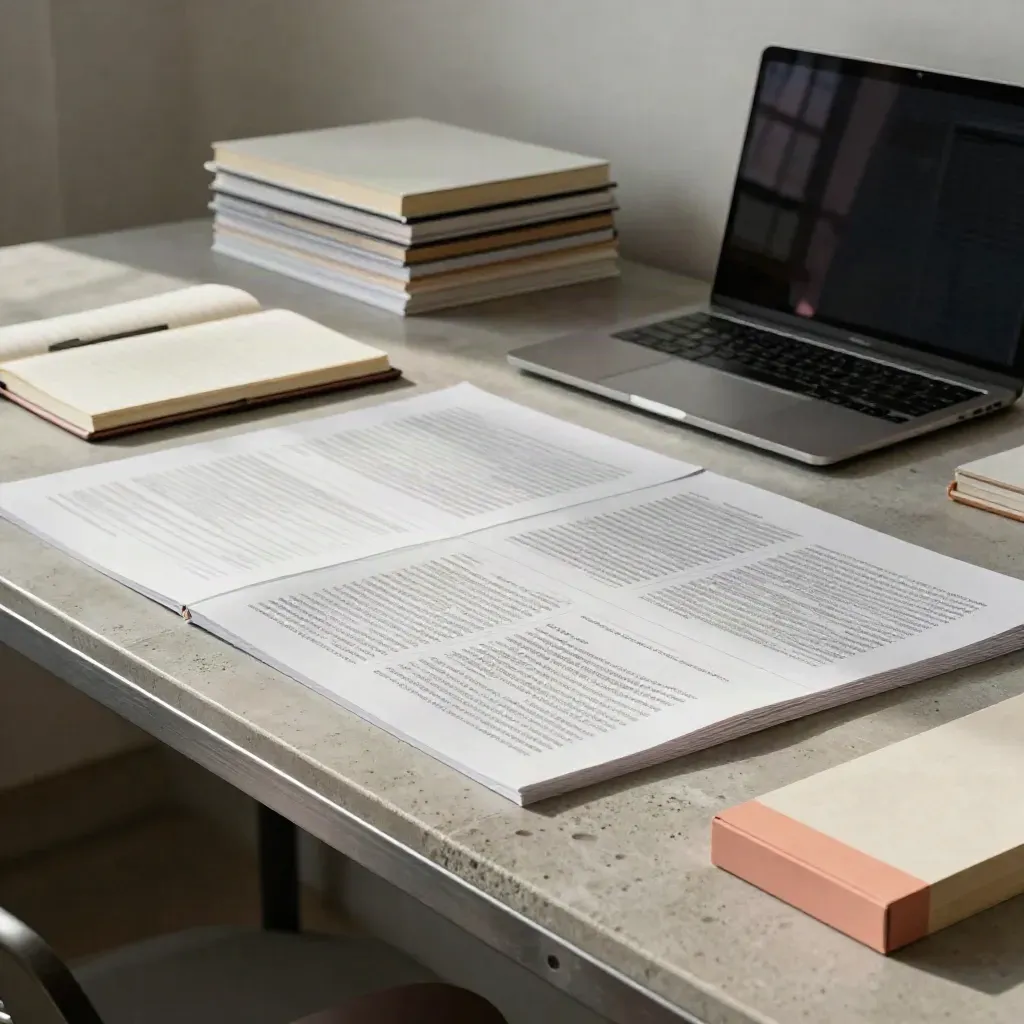 Copy proof sheets, clipped notebook, and angled laptop on a concrete worktable.