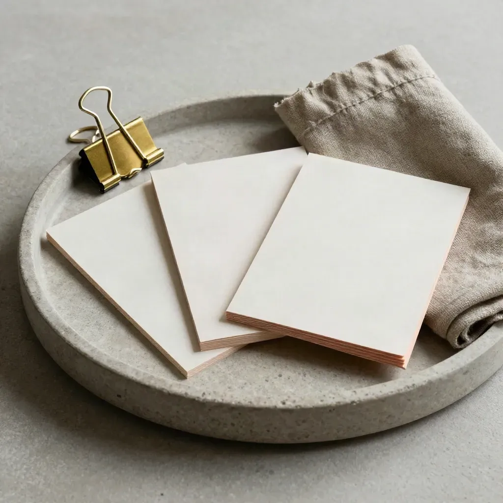 Top-down tray with draft cards, brass clip, and linen napkin for email sequences.