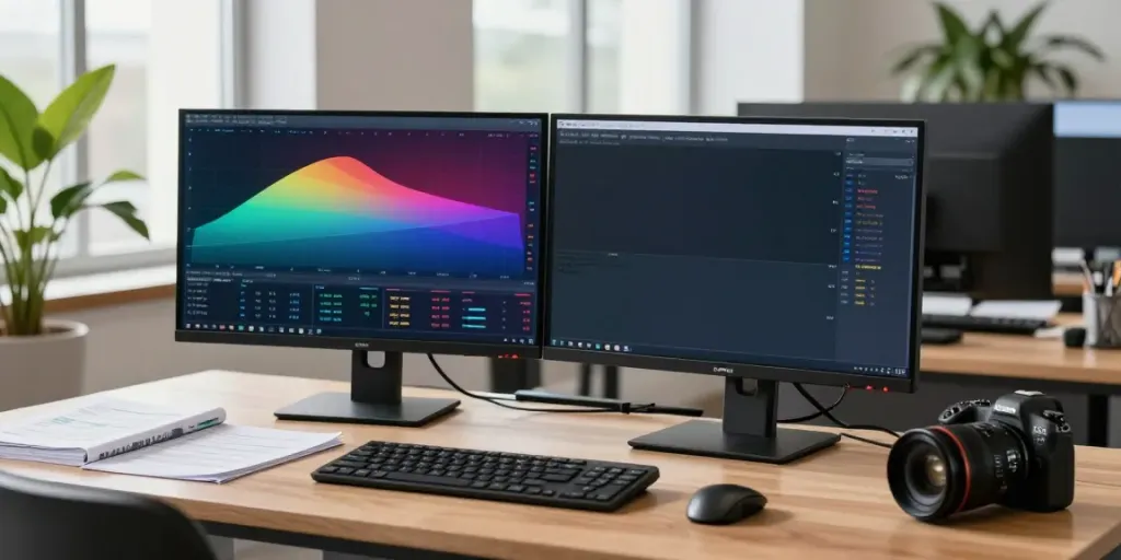 Analyst using MetaTrader 5 for financial trading with dual monitors displaying live data.