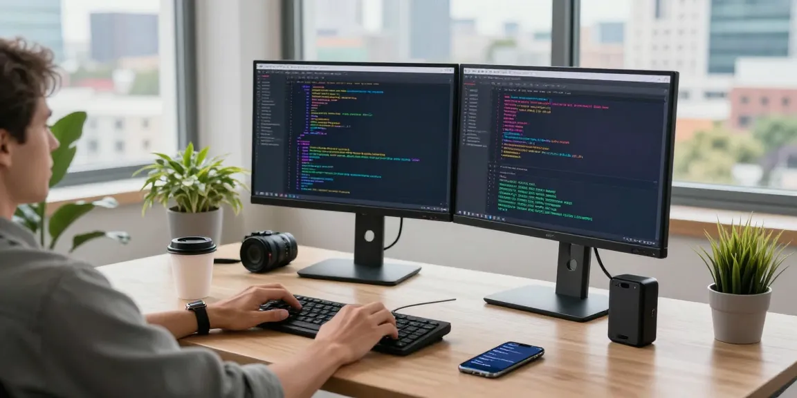 Focused programmer coding on dual monitors with 纸飞机中文版 app interface in modern office
