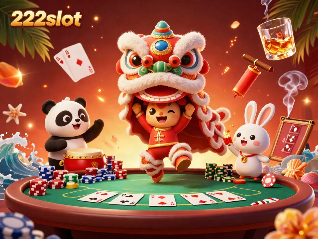 Gambarlah 222slot dengan karakter tarian singa dan meja poker yang meriah.