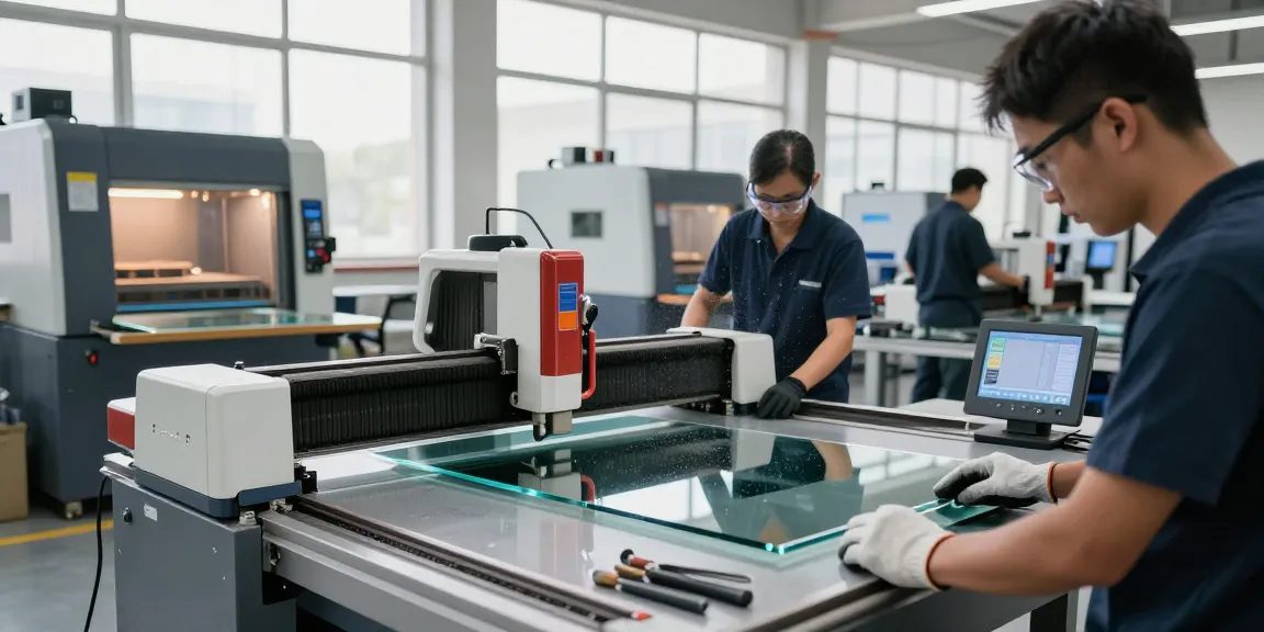 Technician cutting glass on a professional glass cutting table in a modern workshop environment.