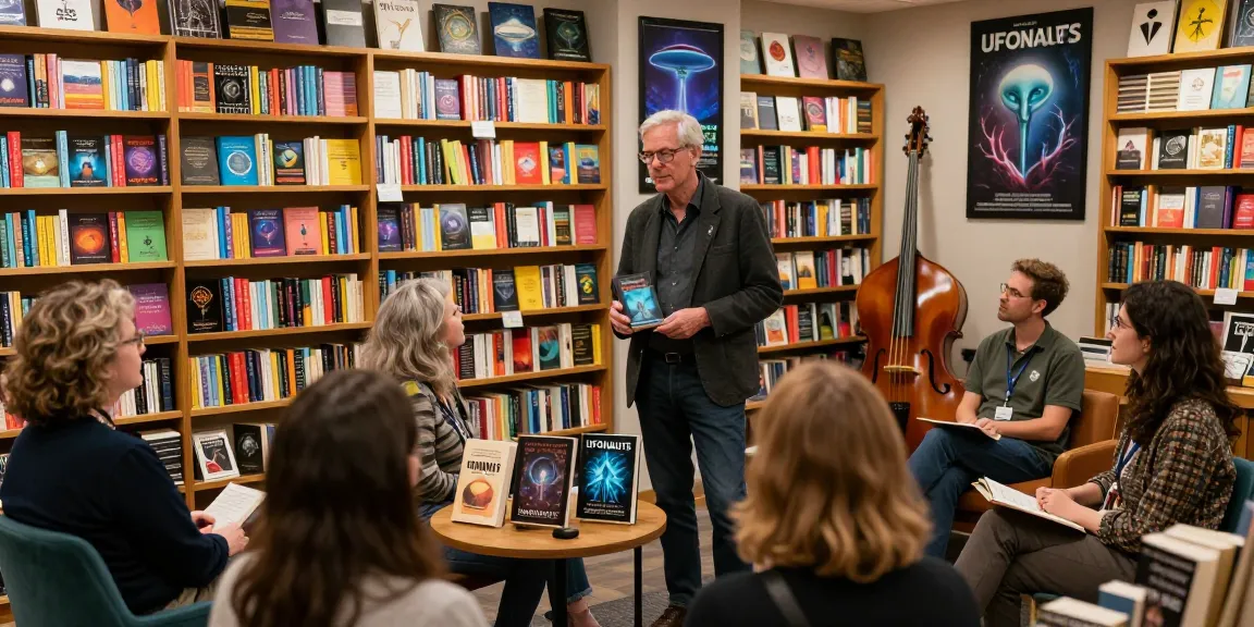 T Allen Greenfield discussing his book UFOnauts at https://tallengreenfield.com with readers in a vibrant bookshop