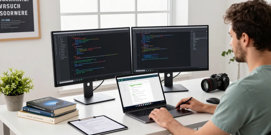Dynamic workspace for Android development course with Kotlin featuring coding, tech books, and app design.