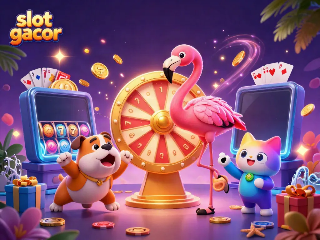 Menggambarkan suasana slot gacor dengan flamingo host game & bulldog kontestan, dikelilingi elemen permainan.