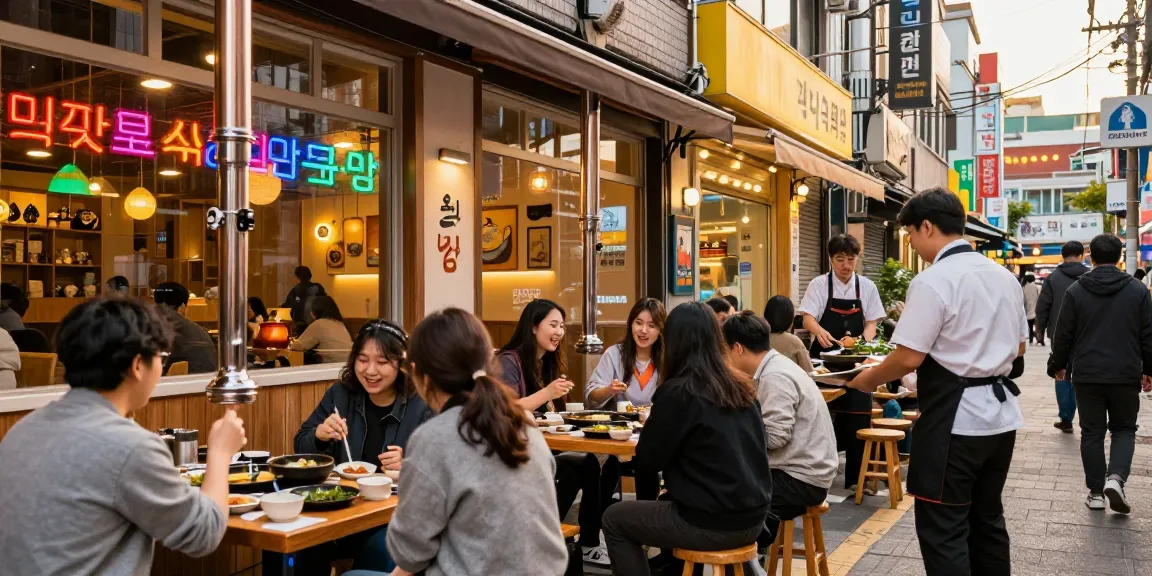 A bustling Sangbong-dong Korean restaurant with customers enjoying meals, vibrant atmosphere highlighting traditional cuisine.