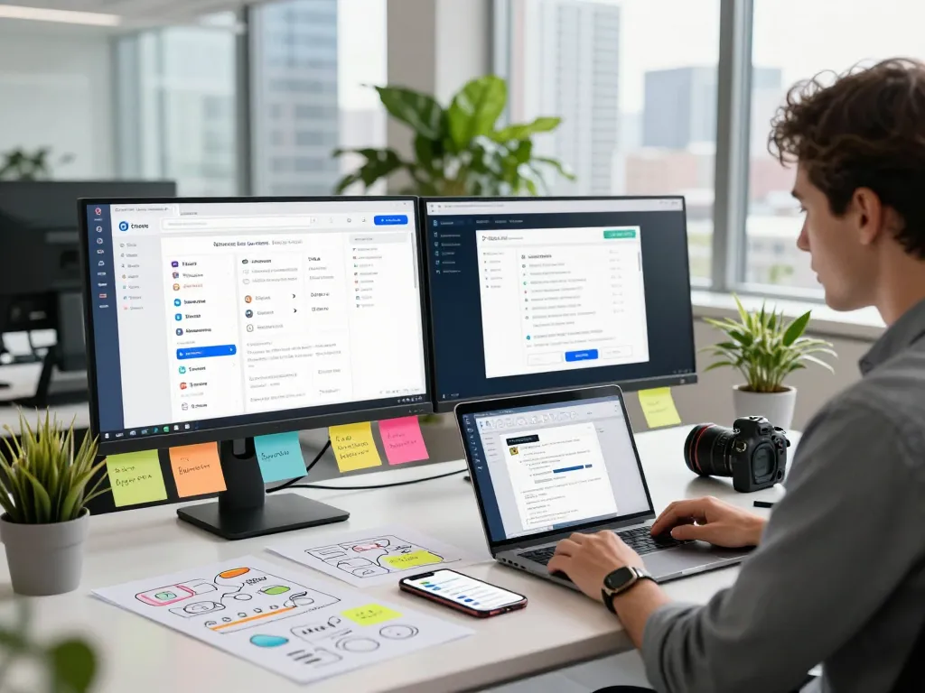 Engaging workspace with a digital marketer using group buy SEO tools for analytics and strategy.