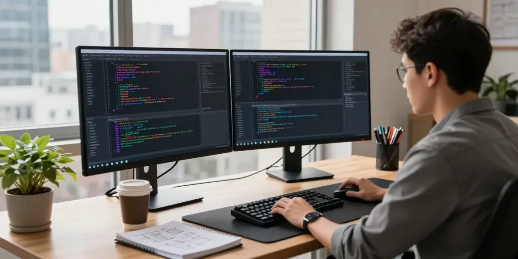 Developer using Outscraper in a modern tech workspace with dual monitors and natural light.
