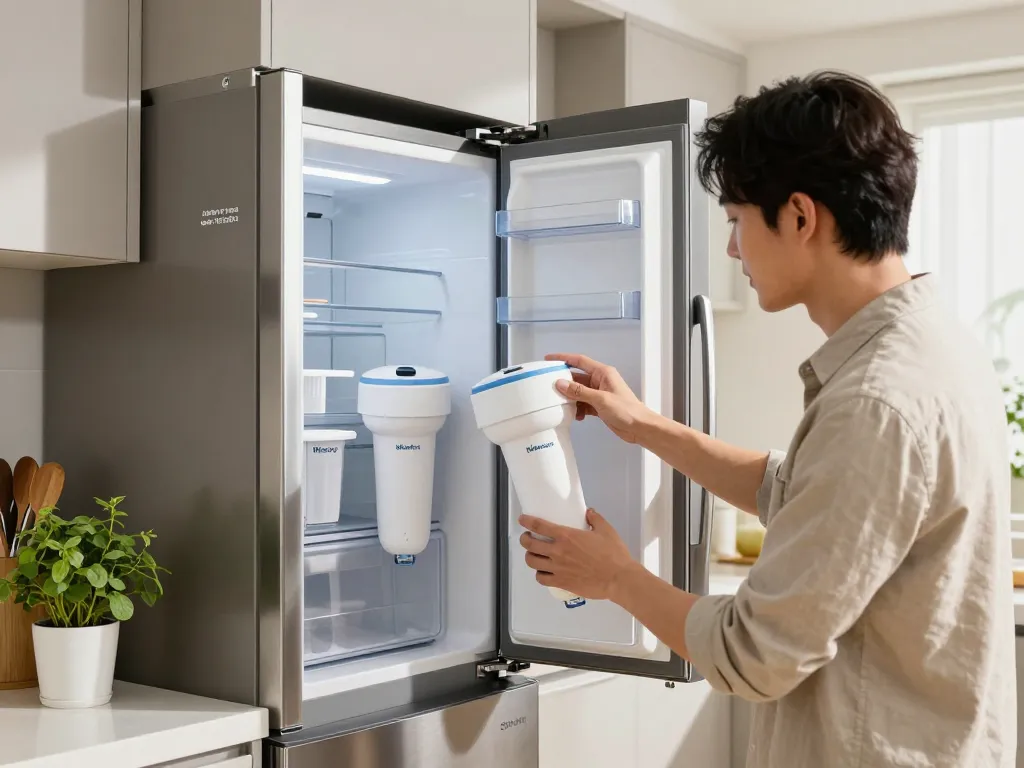 Replacing a Waterdrop BORPLFTR50 Replacement for Bosch® Ultra Clarity® Pro 11032531 water filter in a modern kitchen.