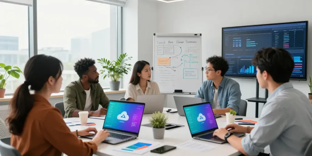 Team collaborating on azure cloud managed services in a modern office