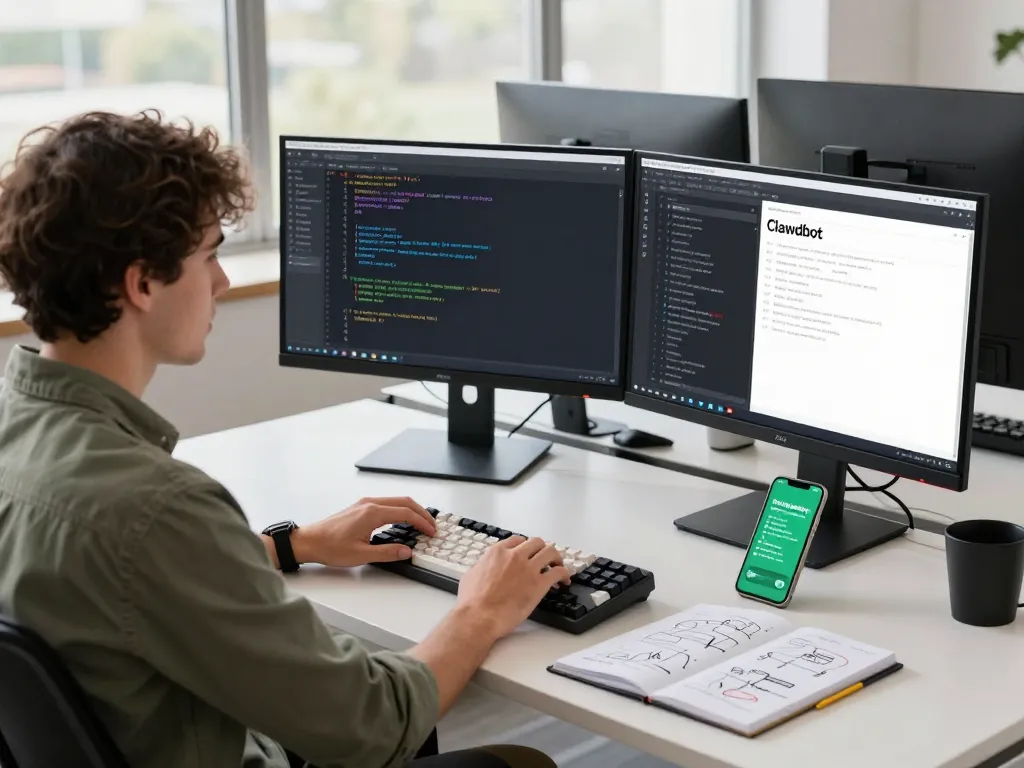 Clawdbot integration in a modern tech workspace with a developer coding and collaborating.